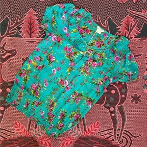 At Last Teal Floral Ruffle-Neck Short Sleeve Blouse